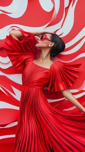 红裙佳人于绚丽背景前摆姿