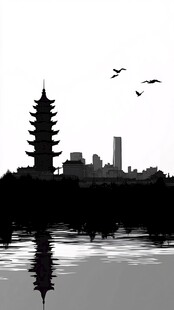 古塔映城景 飞鸟伴水影