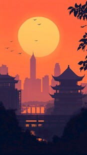 夕阳下的城市与古典建筑