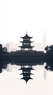 湖畔古亭与城市天际线倒影