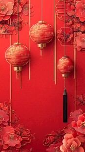 喜庆红背景下的中式灯笼装饰