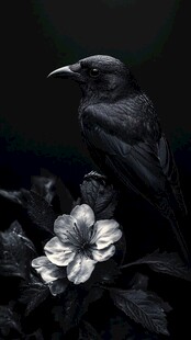 黑鸦伴花的静谧瞬间