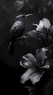 黑羽鸟栖于繁花间