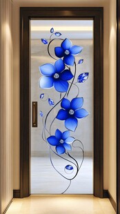 蓝色花卉艺术玻璃门