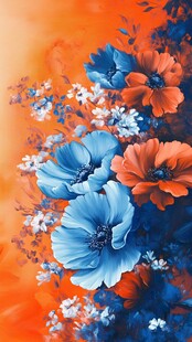 绚丽蓝橙花卉油画图景