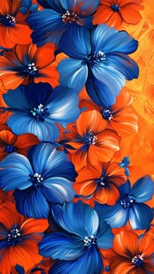 绚丽蓝橙花卉油画图案