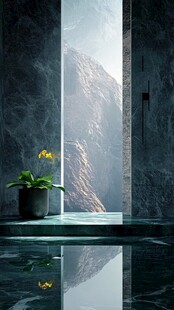 窗边绿植映远山景致