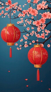 红灯笼映粉花中式美景