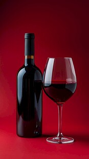 红底上的红酒瓶与高脚杯