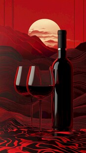 夕阳下的红酒与酒杯意境图