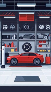 汽车维修车间内的红色轿车