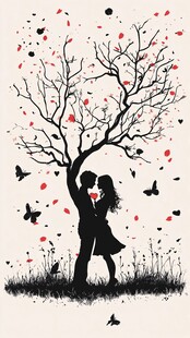 树下情侣浪漫相拥画面