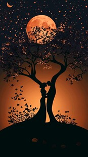 月下情侣浪漫相拥剪影