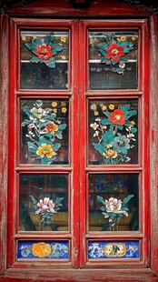 传统中式彩绘雕花红窗