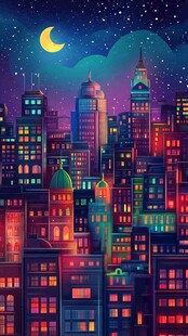 梦幻月夜下的多彩都市景观