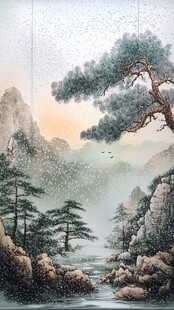 雪中山水松景图