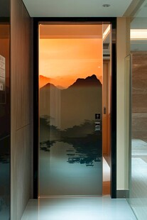 透过房门赏绝美山水暮色