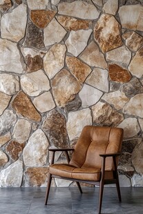 石墙旁的复古棕色皮椅