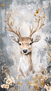 麋鹿头像的梦幻花卉背景图