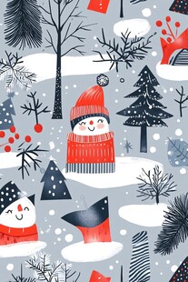 冬日雪人森林可爱图案