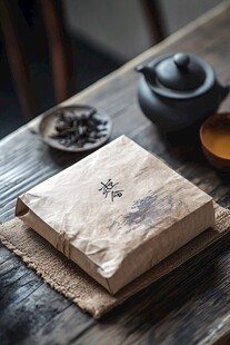 古朴茶包置于雅致茶桌