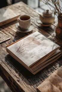 复古木桌旁的书香茶韵