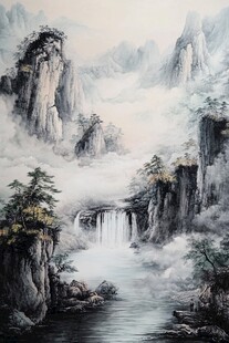 水墨山水间的瀑布奇景