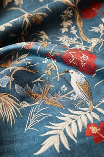 蓝底花鸟图案精美织物