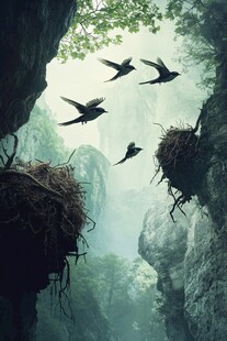 峡谷间飞鸟与巢穴的奇幻景