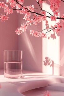 粉色樱花下的透明水杯