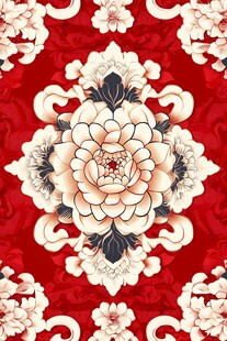 中式红底牡丹花卉传统图案