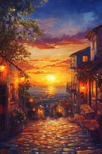 海边黄昏下的静谧石板小巷