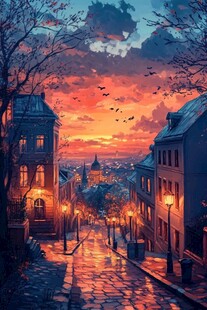 黄昏下的梦幻浪漫街道