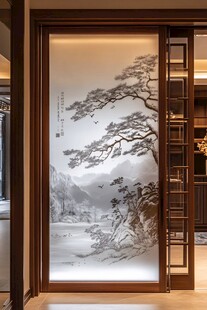 中式屏风上的山水墨画