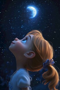 女孩仰望夜空明月