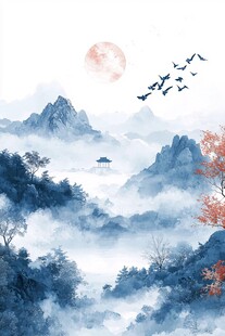 水墨山水间 飞鸟伴月景