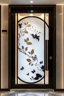 中式花鸟玻璃入户门
