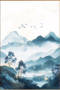 水墨山水间飞鸟伴林景