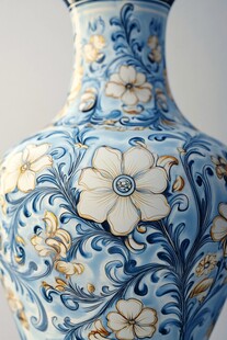 蓝白花卉纹精美陶瓷花瓶