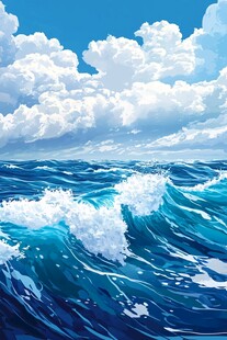蓝色海洋与翻滚的白色浪花