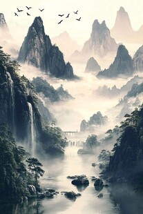 水墨山水间的诗意自然景