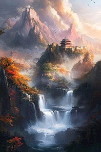 山间古亭飞瀑秋景图