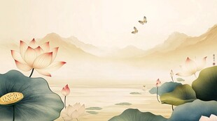 水墨荷花山水诗意风光图