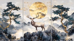 瑞鹿栖山松月图