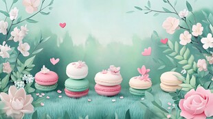 梦幻马卡龙与花卉浪漫场景