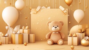 金色派对场景中的可爱小熊