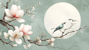 月夜玉兰花枝双鸟图