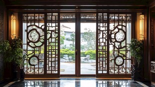 中式典雅雕花门窗室内景