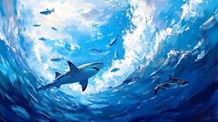 深海鲨鱼与群鱼共游图景