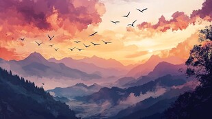 黄昏飞鸟越山峦美景